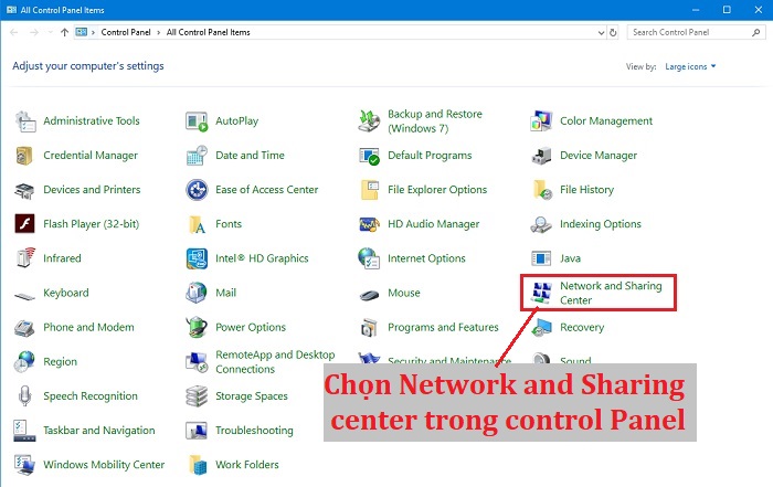 Chọn Network and Sharing Center