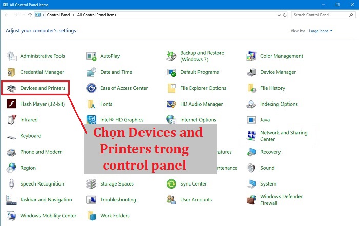 Chọn Devices and Printers trong control panel